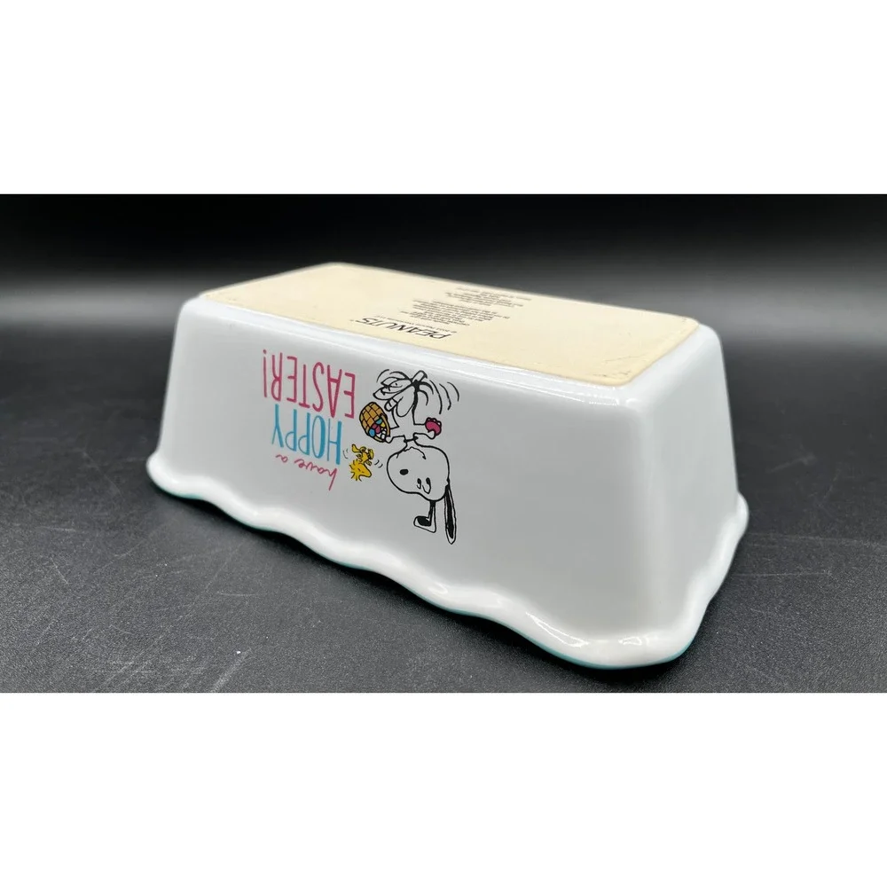 Peanuts Snoopy Woodstock Hoppy Easter Ceramic Loaf Pan Scalloped Teal Rim 6x3